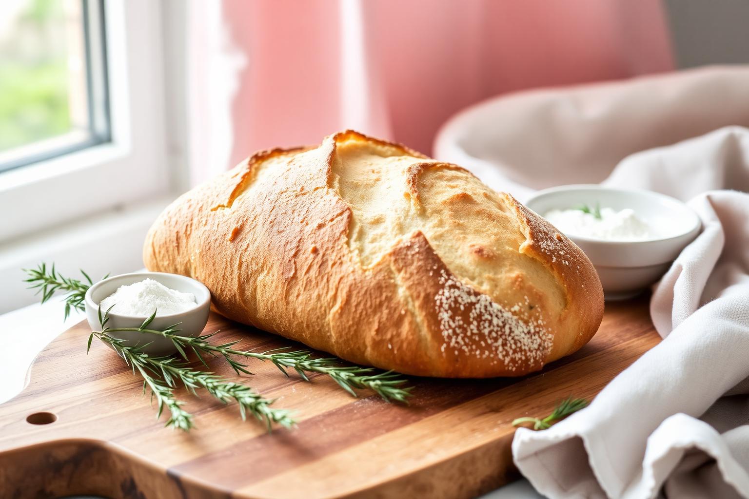 Golden sourdough loaf with rosemary on a wooden board
